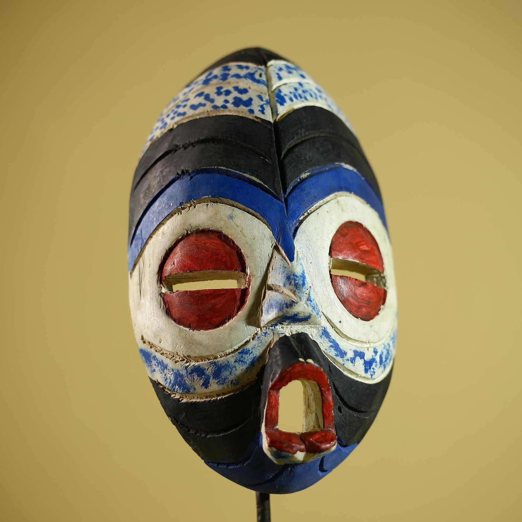 Hand Carved African Mask Blue White Tribal Face Wood Wall Decor-G6340
