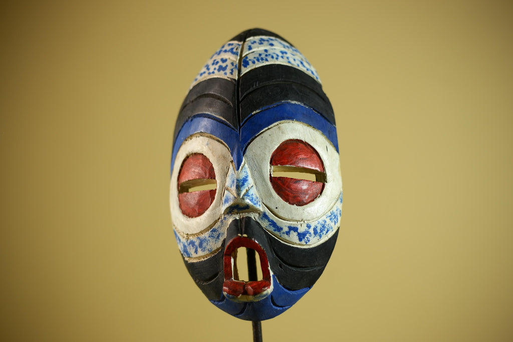 Hand Carved African Mask Blue White Tribal Face Wood Wall Decor-G6340