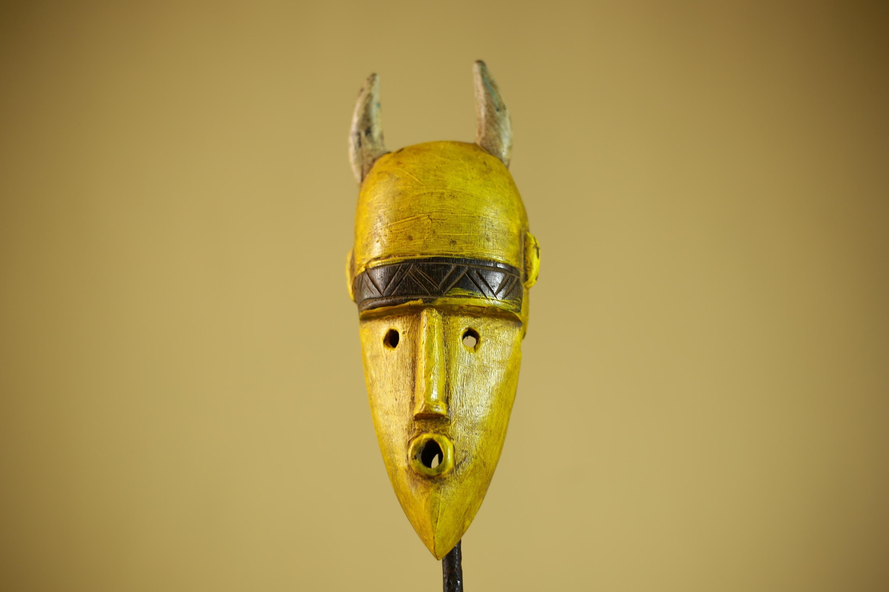 African Yellow Mask Horned Tribal Wood Carving Ritual Wall Decor-G6343