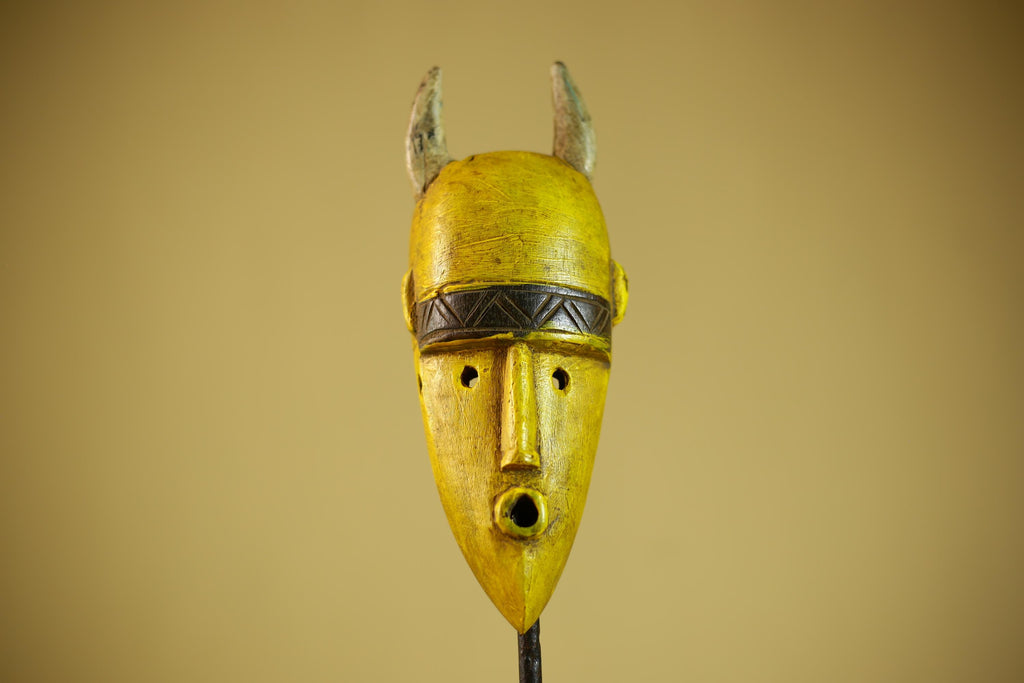 African Yellow Mask Horned Tribal Wood Carving Ritual Wall Decor-G6343