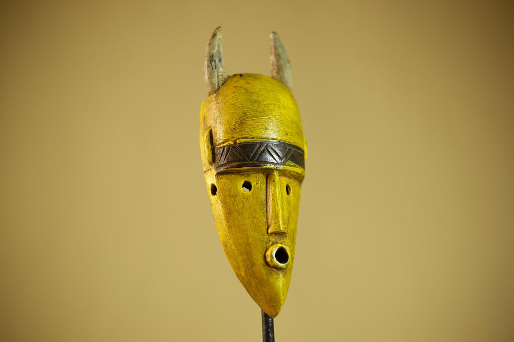African Yellow Mask Horned Tribal Wood Carving Ritual Wall Decor-G6343