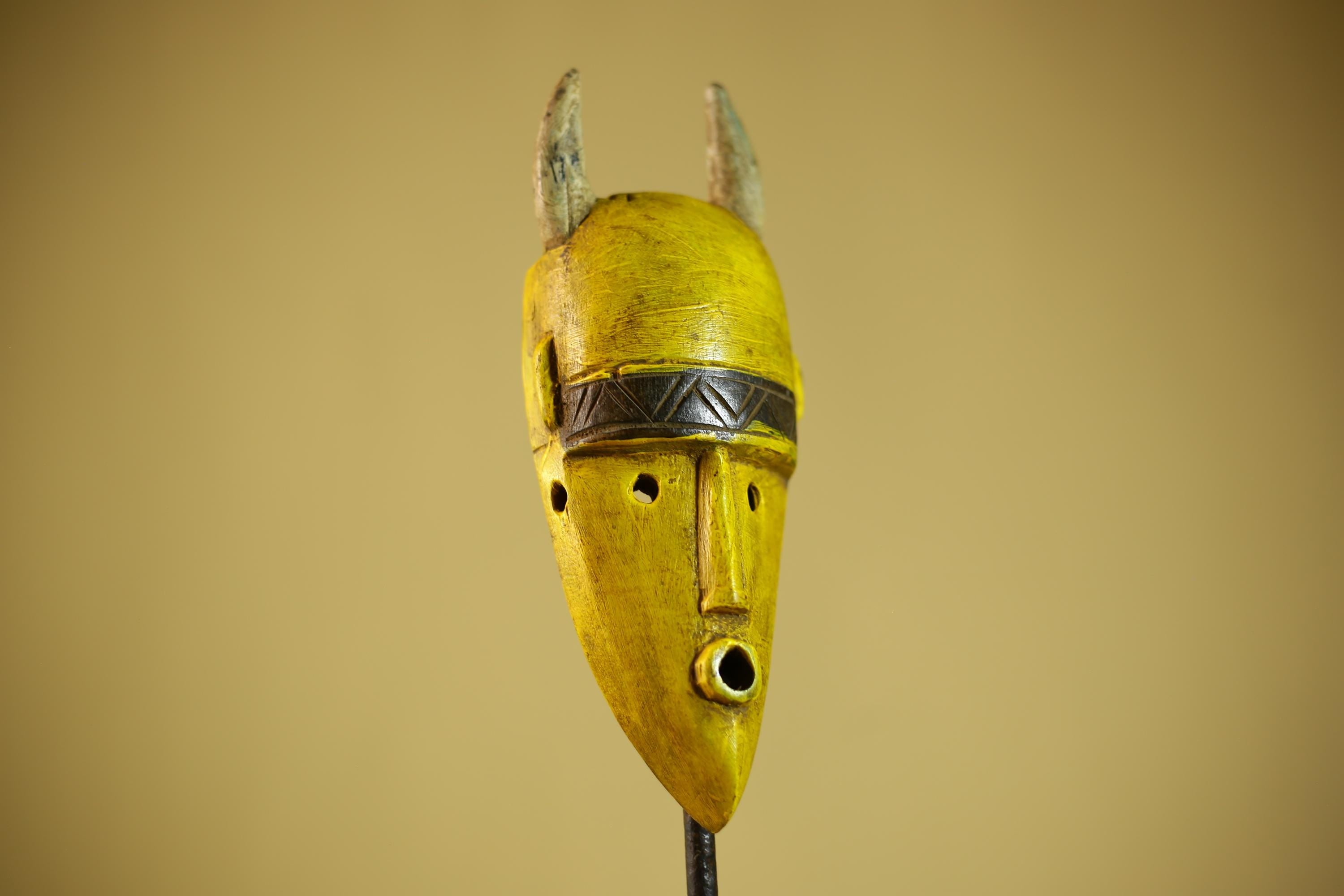 African Yellow Mask Horned Tribal Wood Carving Ritual Wall Decor-G6343