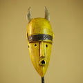 African Yellow Mask Horned Tribal Wood Carving Ritual Wall Decor-G6343