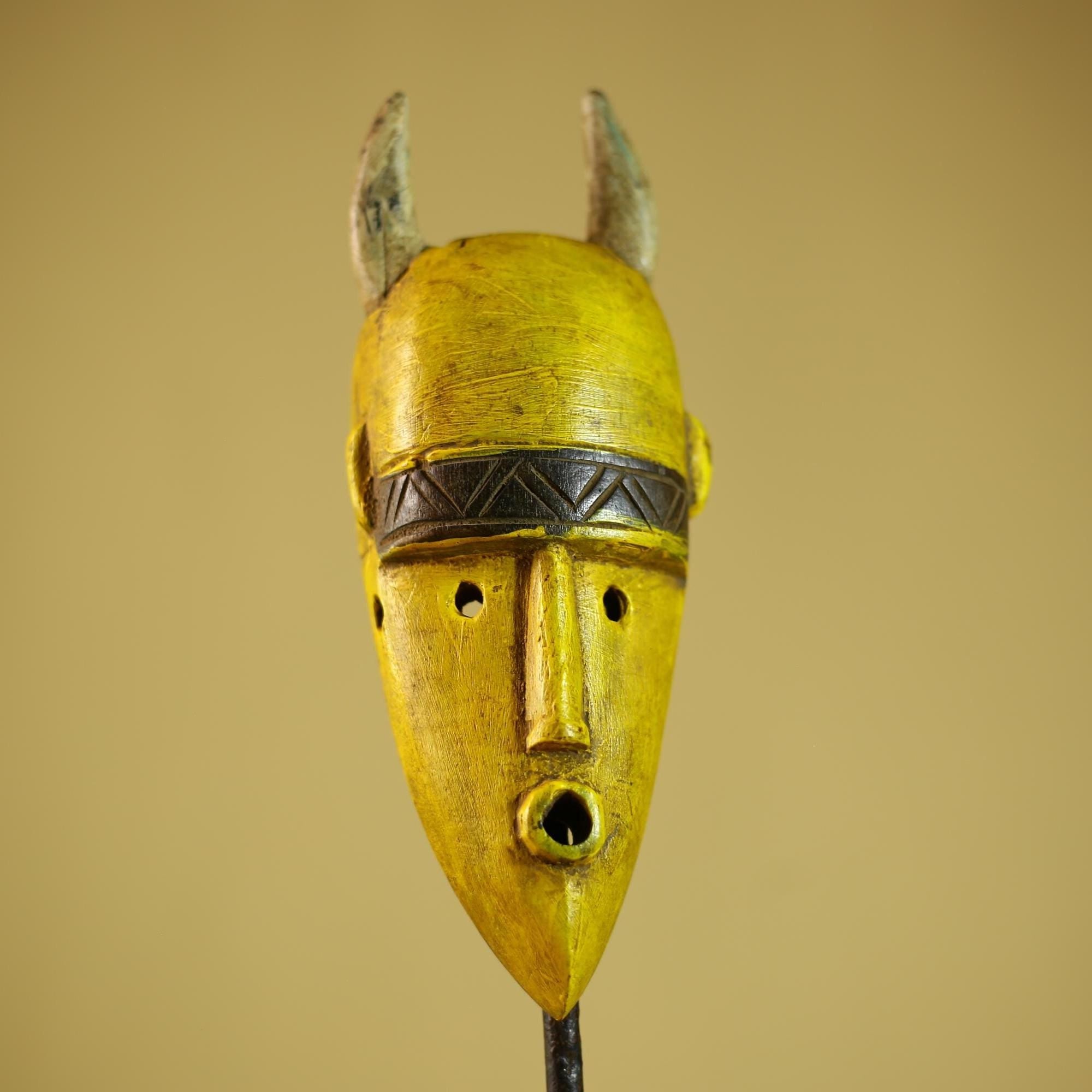 African Yellow Mask Horned Tribal Wood Carving Ritual Wall Decor-G6343
