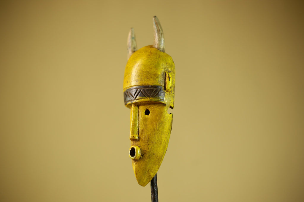 African Yellow Mask Horned Tribal Wood Carving Ritual Wall Decor-G6343