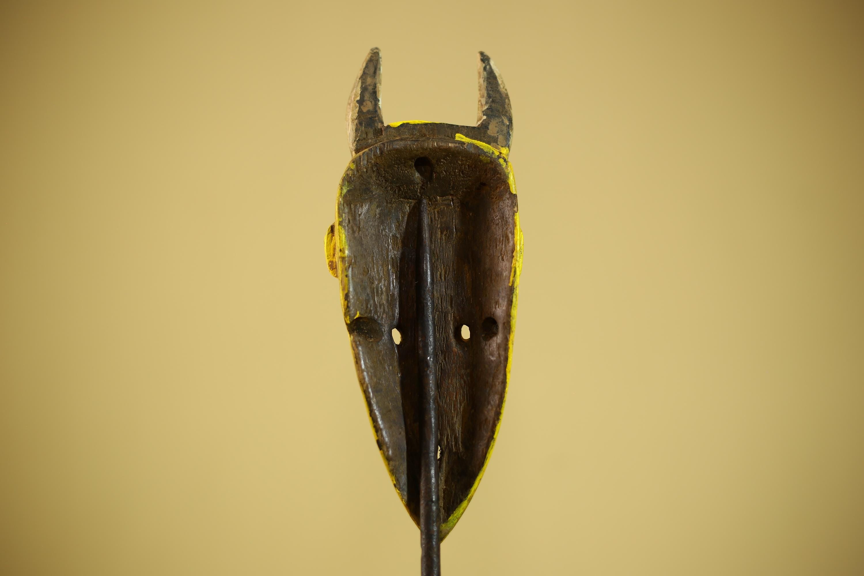 African Yellow Mask Horned Tribal Wood Carving Ritual Wall Decor-G6343