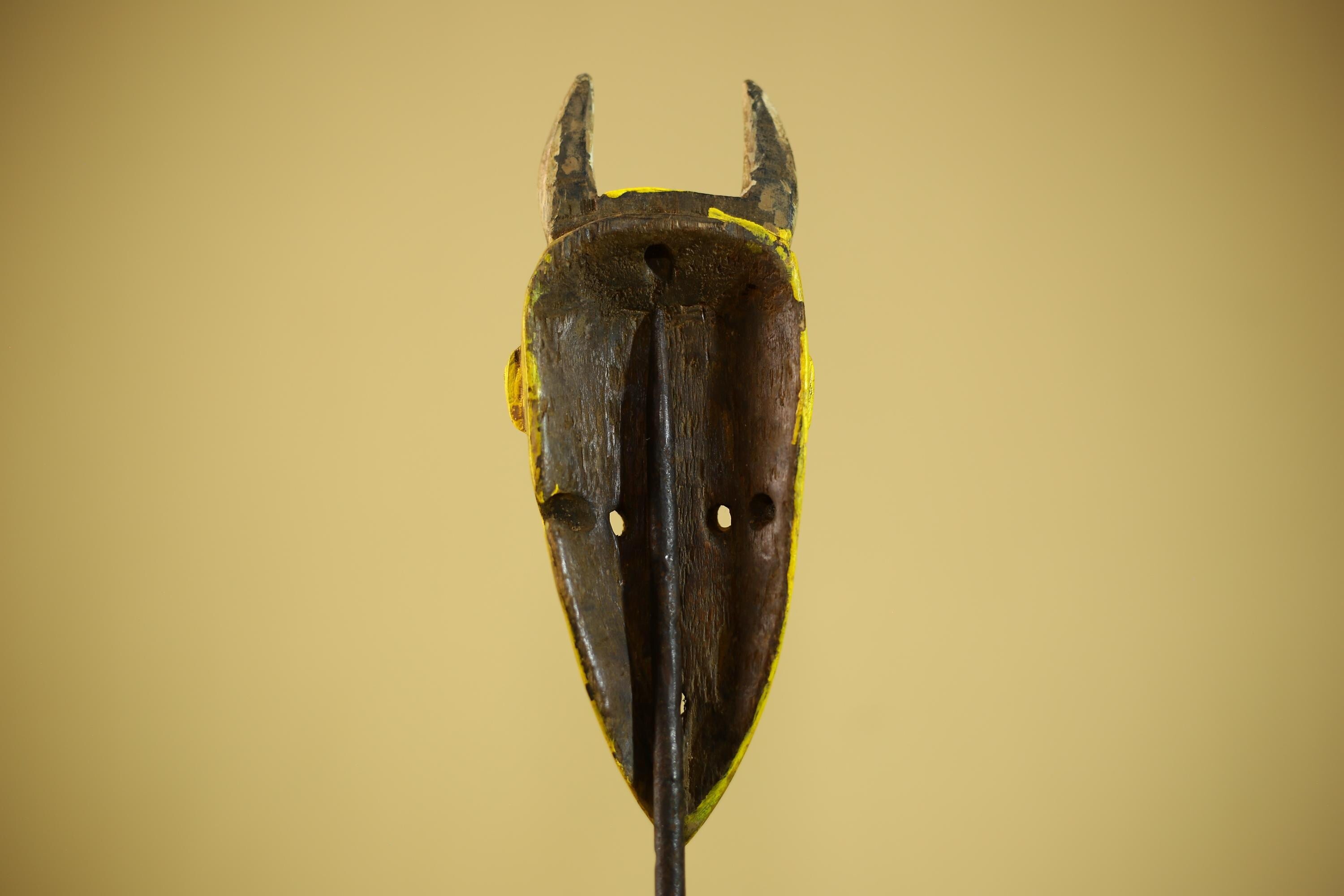 African Yellow Mask Horned Tribal Wood Carving Ritual Wall Decor-G6343