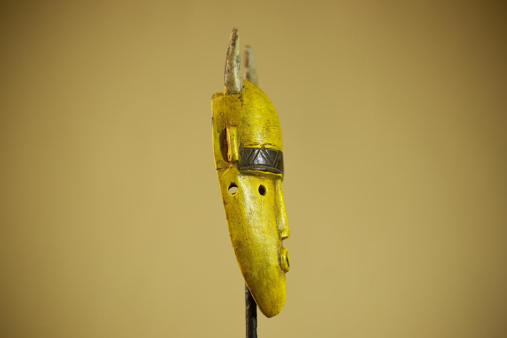 African Yellow Mask Horned Tribal Wood Carving Ritual Wall Decor-G6343
