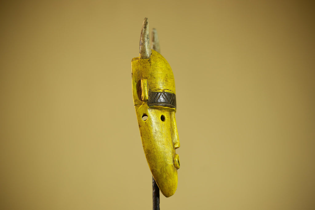 African Yellow Mask Horned Tribal Wood Carving Ritual Wall Decor-G6343