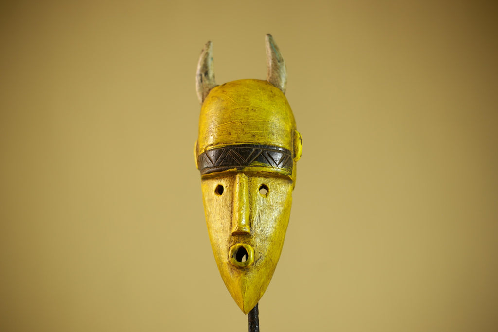 African Yellow Mask Horned Tribal Wood Carving Ritual Wall Decor-G6343