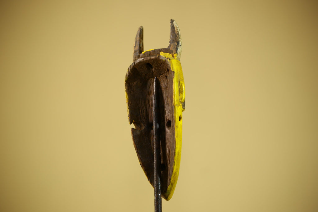 African Yellow Mask Horned Tribal Wood Carving Ritual Wall Decor-G6343