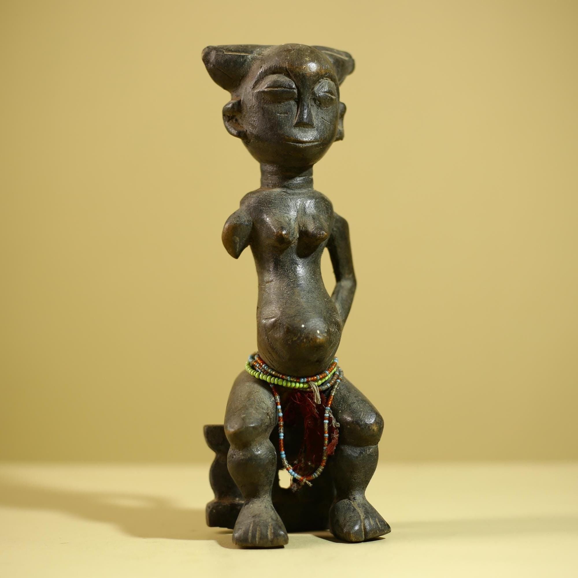 African Female Sculpture Wood Figure Beaded Waist Tribal Art Statue-G6344