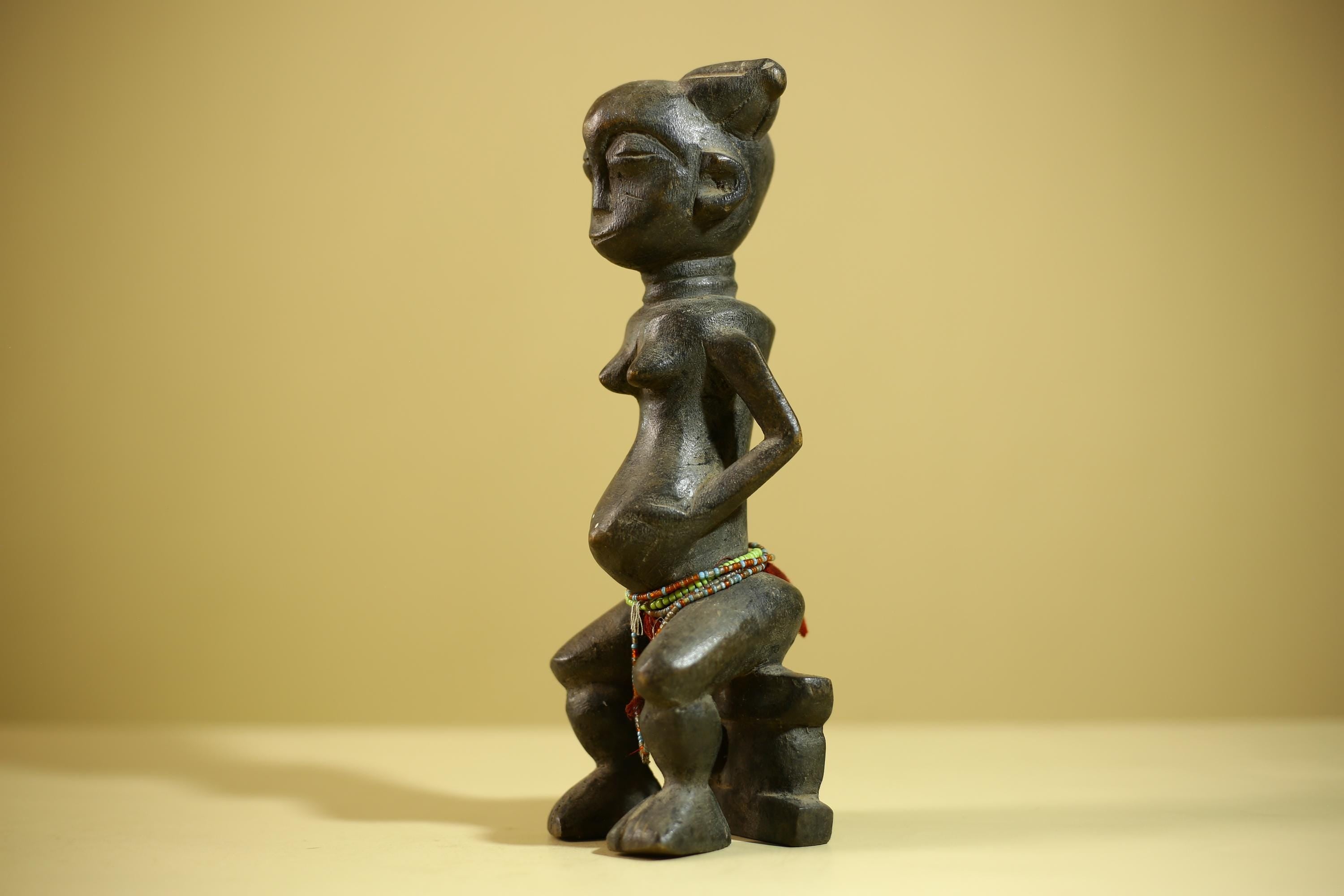 African Female Sculpture Wood Figure Beaded Waist Tribal Art Statue-G6344