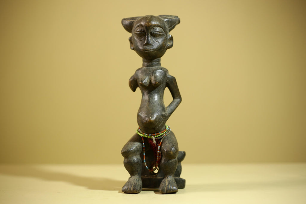 African Female Sculpture Wood Figure Beaded Waist Tribal Art Statue-G6344