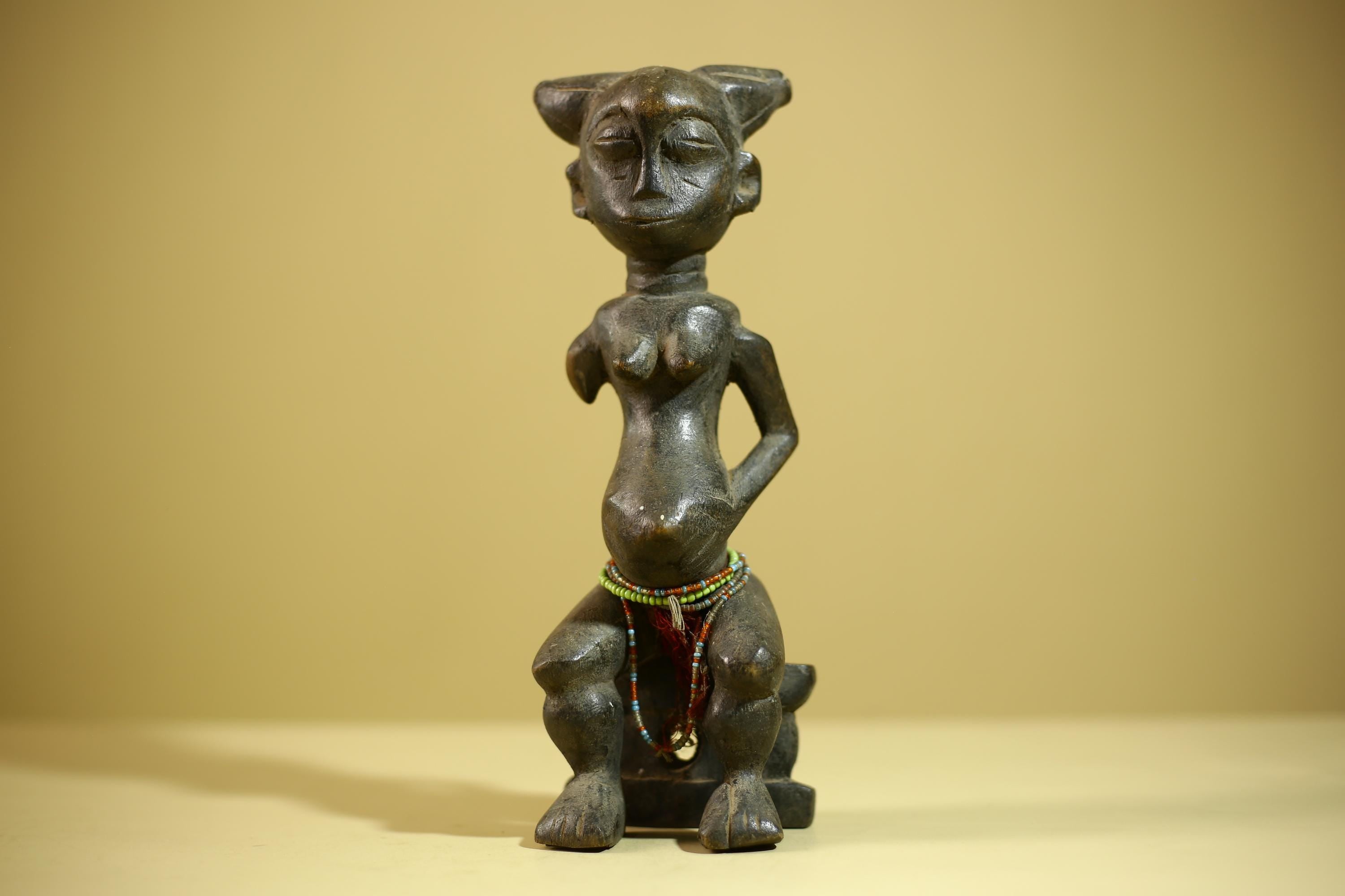 African Female Sculpture Wood Figure Beaded Waist Tribal Art Statue-G6344