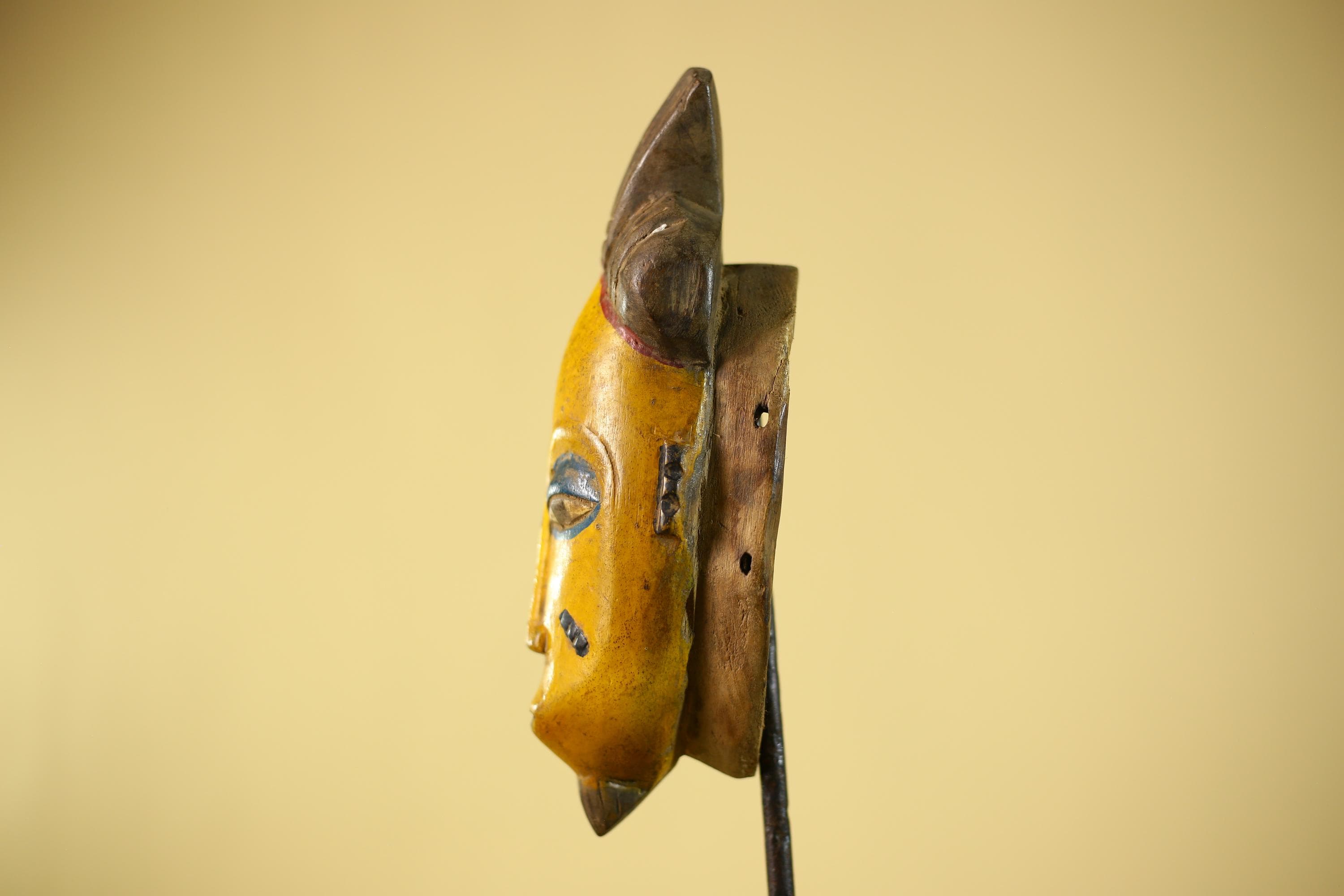 African Baule Style Mask Hand Carved Wood Tribal  Yellow Face Wall Decor -G6333