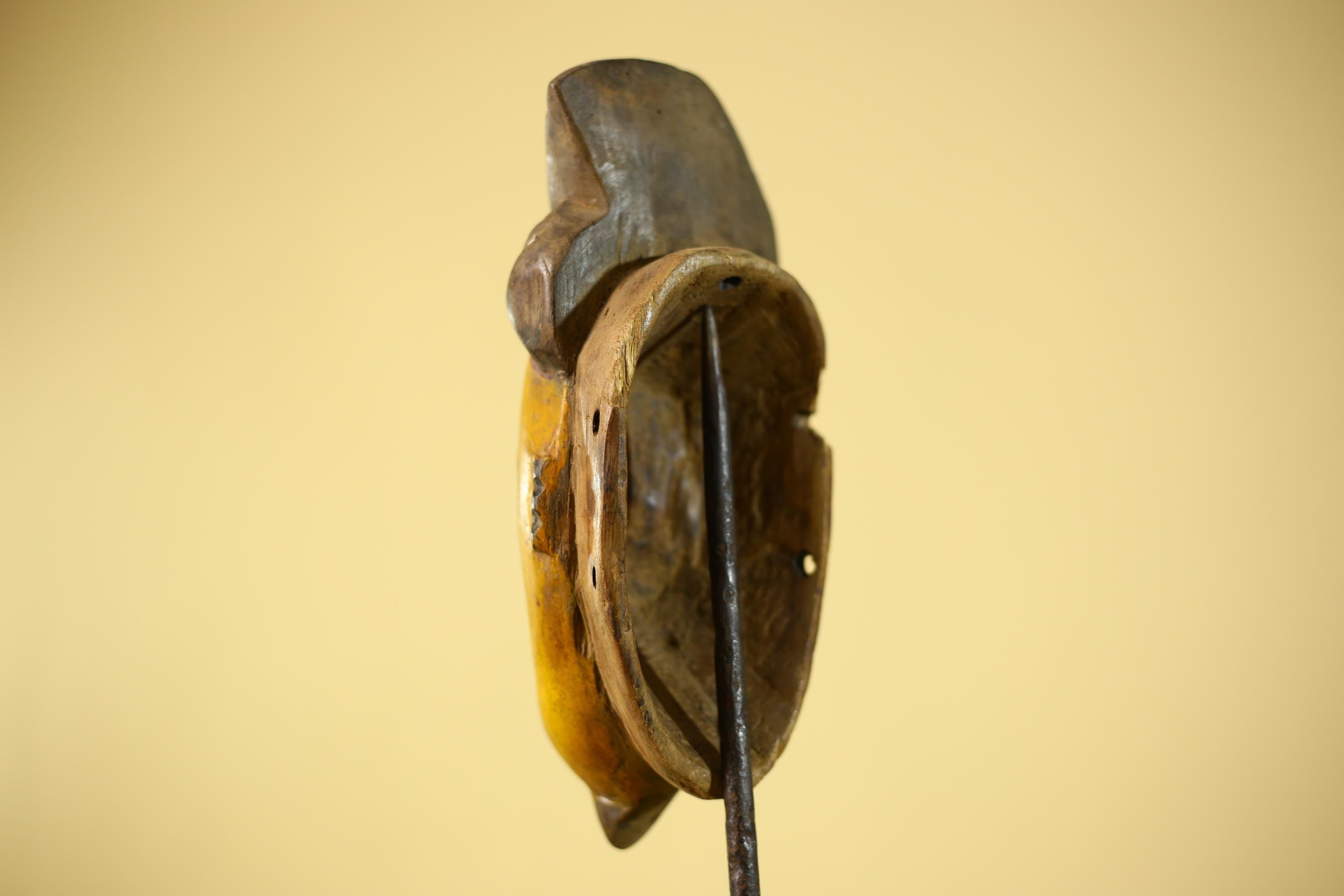 African Baule Style Mask Hand Carved Wood Tribal  Yellow Face Wall Decor -G6333