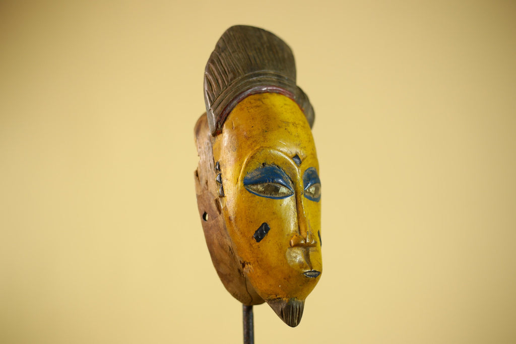 African Baule Style Mask Hand Carved Wood Tribal  Yellow Face Wall Decor -G6333