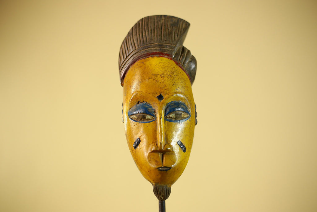 African Baule Style Mask Hand Carved Wood Tribal  Yellow Face Wall Decor -G6333