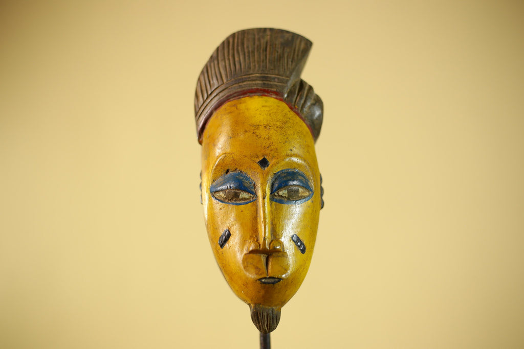 African Baule Style Mask Hand Carved Wood Tribal  Yellow Face Wall Decor -G6333