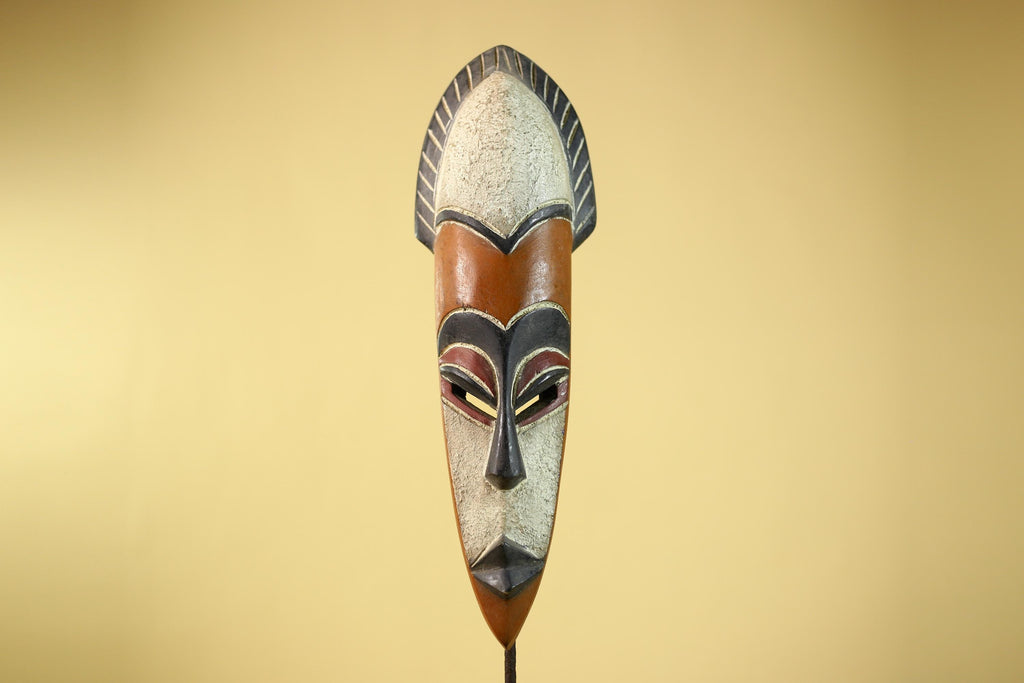 African Wooden Mask Long Face Hand Carved Tribal Wall Decor Sculpture-G6335