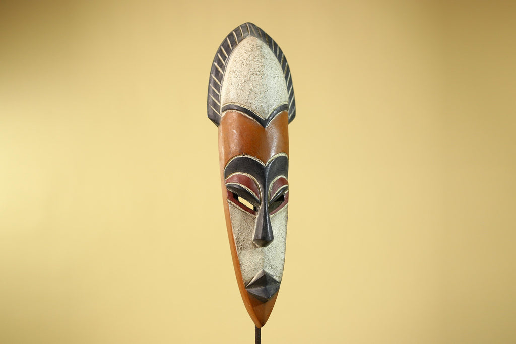 African Wooden Mask Long Face Hand Carved Tribal Wall Decor Sculpture-G6335