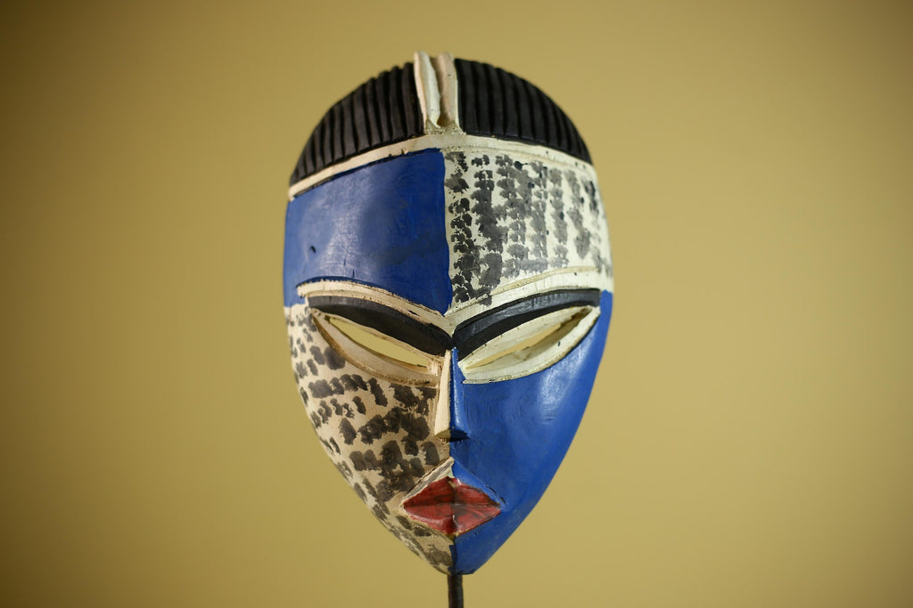 Hand Carved African Mask Blue White Tribal Face Wall Art Decor -G6339