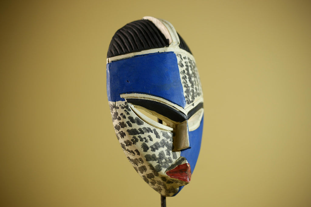 Hand Carved African Mask Blue White Tribal Face Wall Art Decor -G6339
