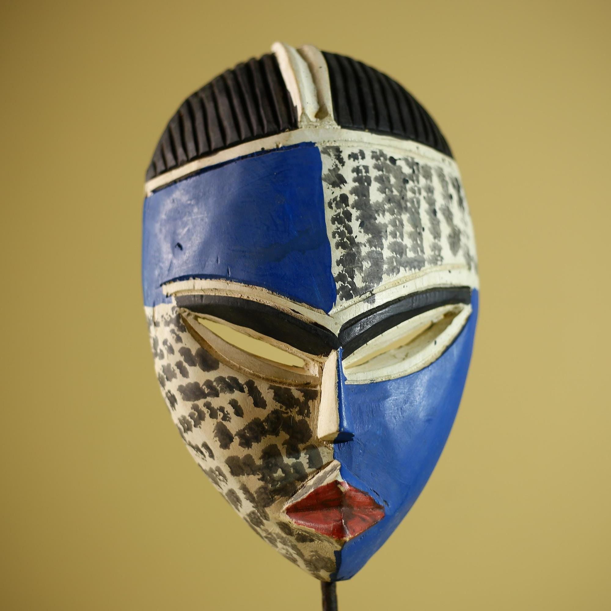 Hand Carved African Mask Blue White Tribal Face Wall Art Decor -G6339