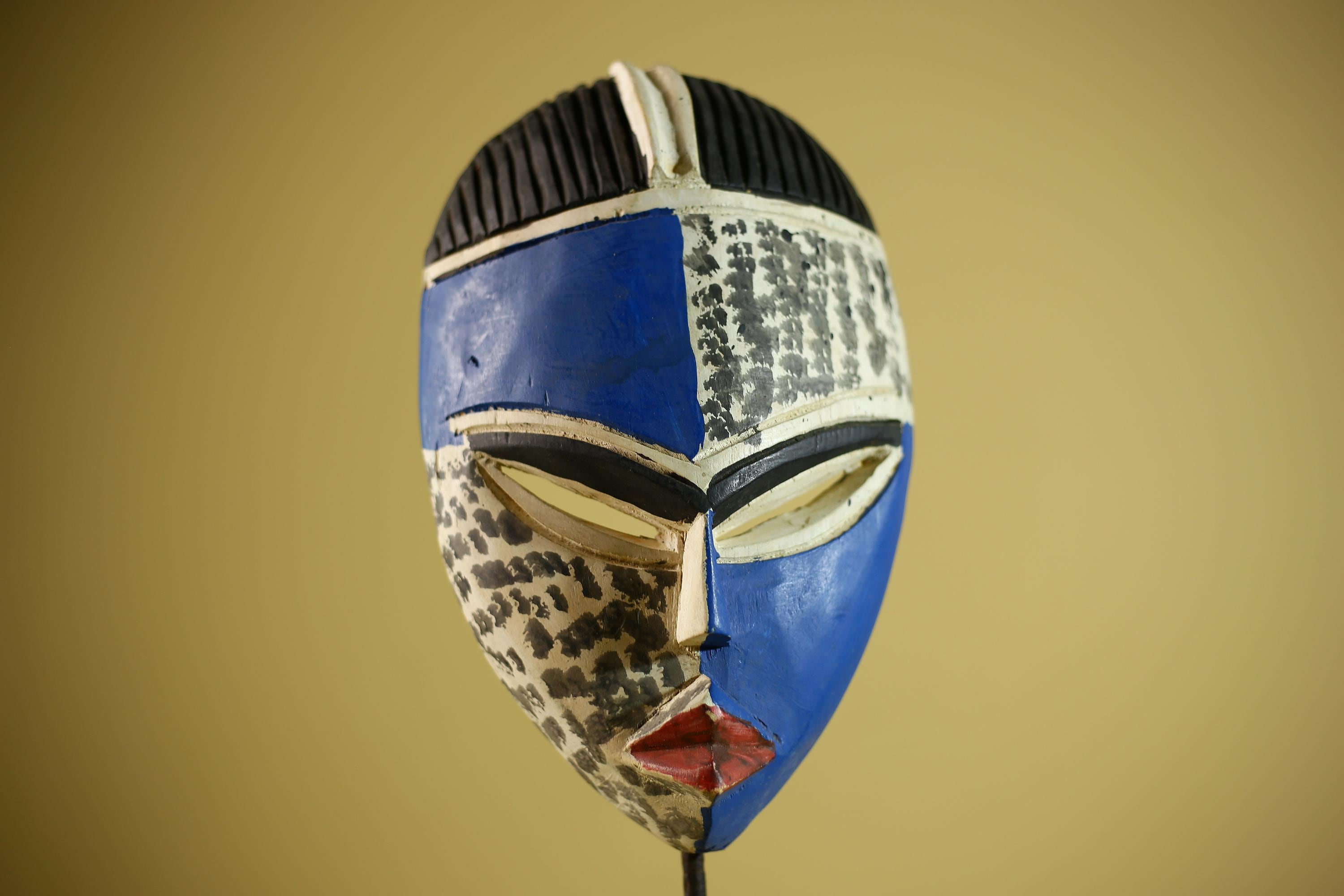 Hand Carved African Mask Blue White Tribal Face Wall Art Decor -G6339