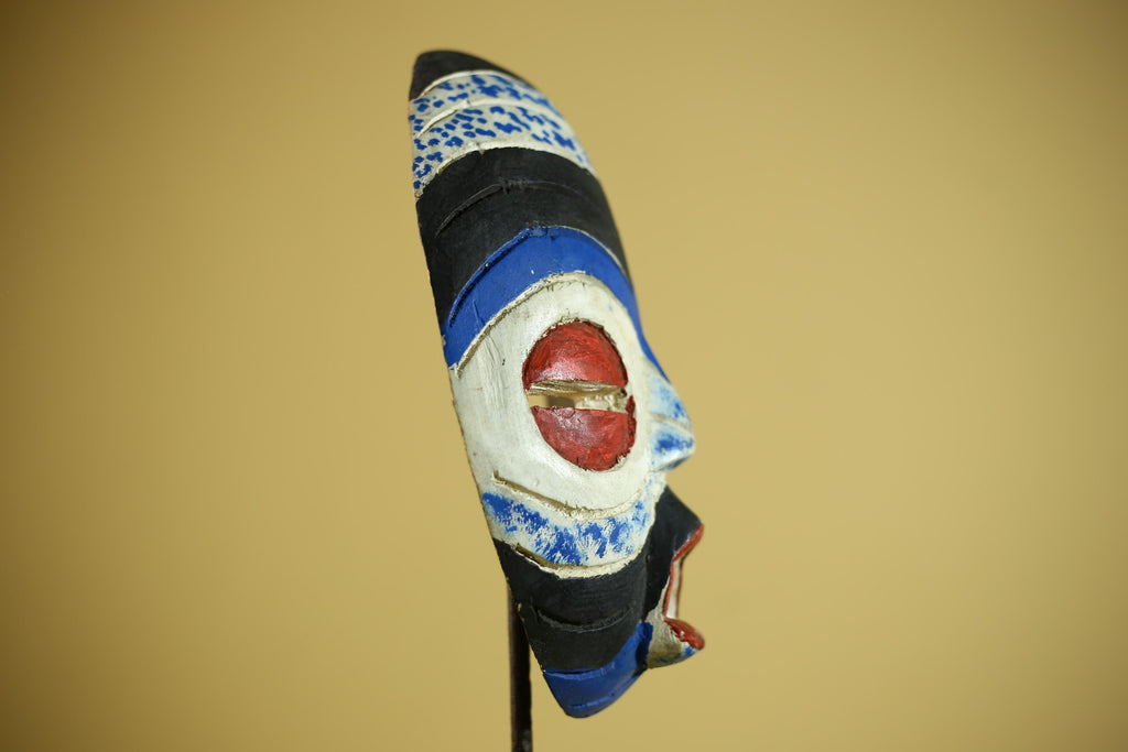 Hand Carved African Mask Blue White Tribal Face Wood Wall Decor-G6340