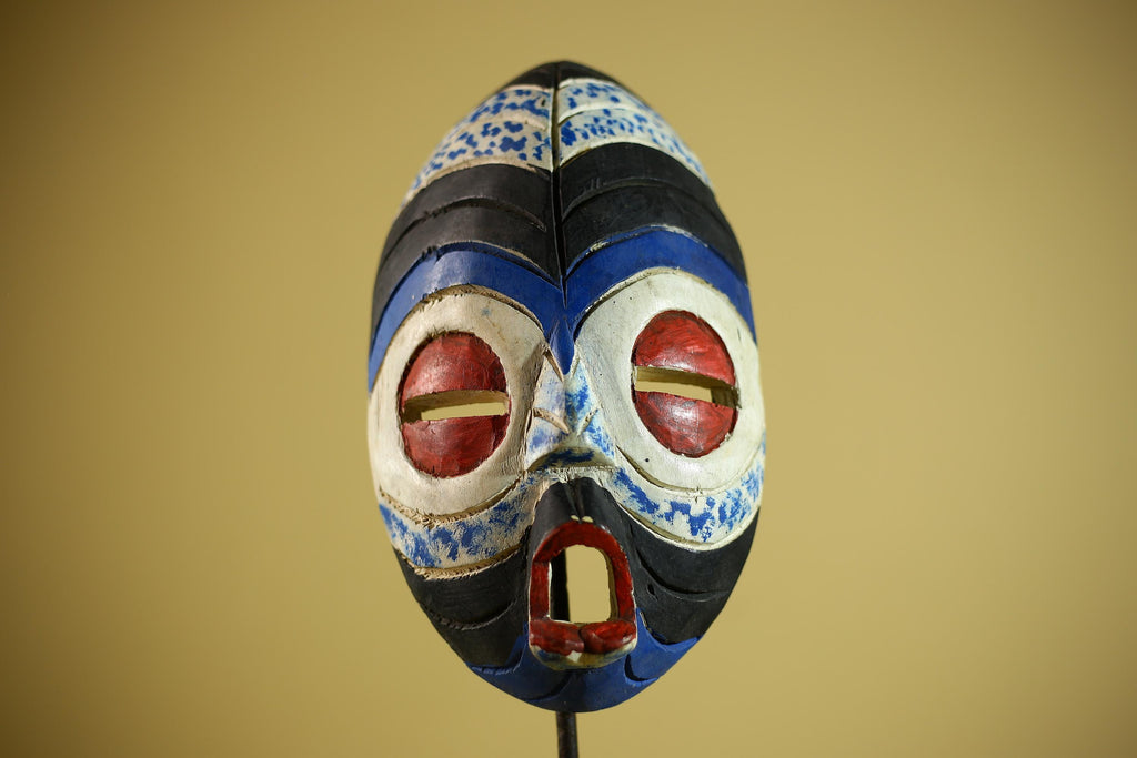 Hand Carved African Mask Blue White Tribal Face Wood Wall Decor-G6340