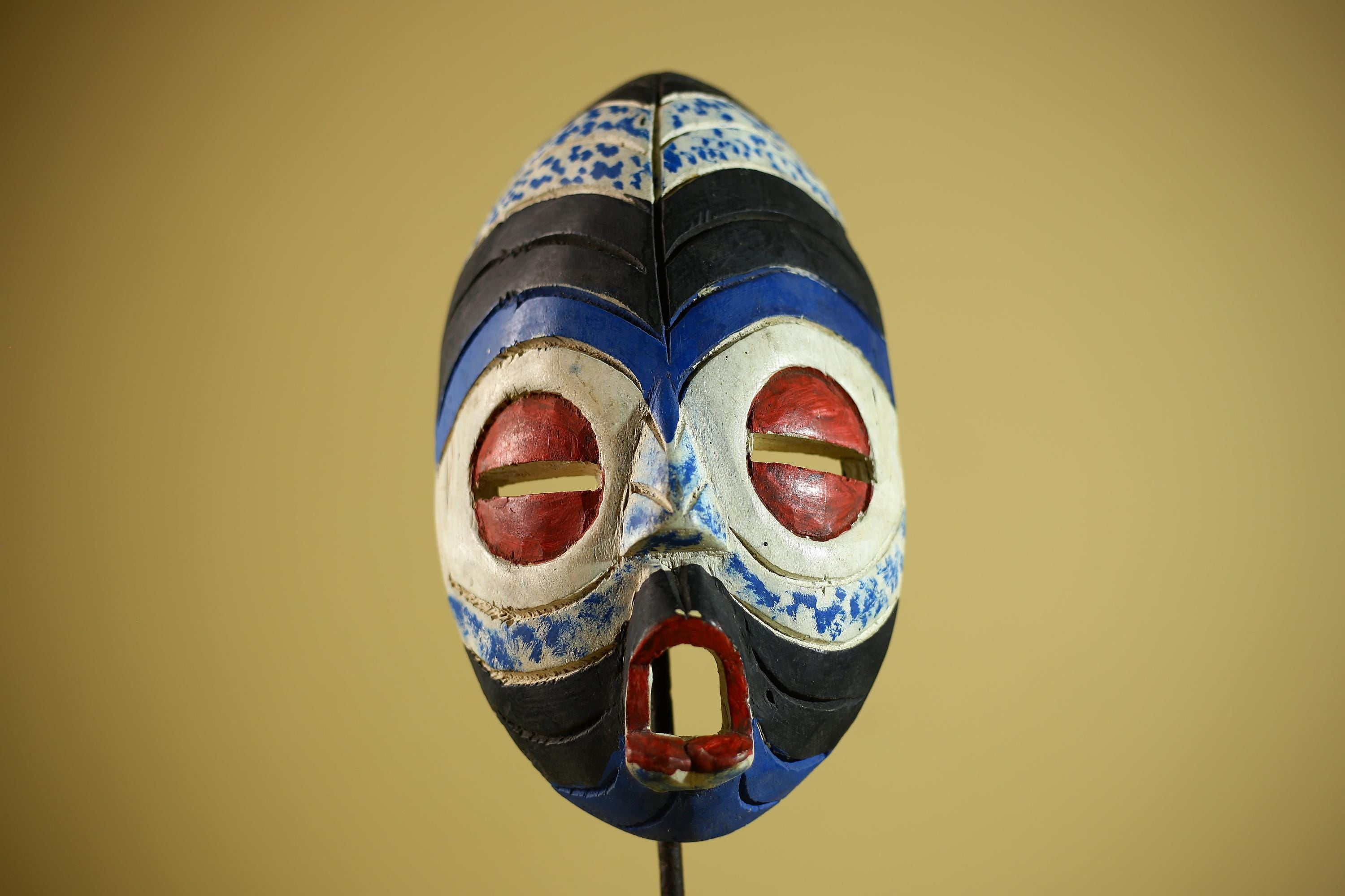 Hand Carved African Mask Blue White Tribal Face Wood Wall Decor-G6340