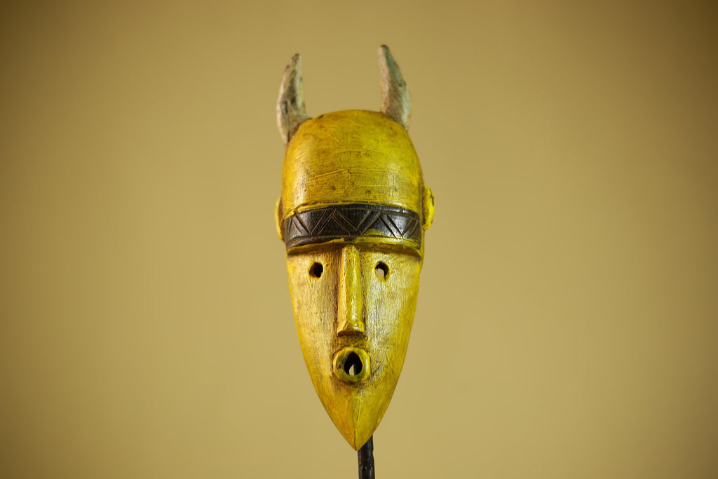 African Yellow Mask Horned Tribal Wood Carving Ritual Wall Decor-G6343