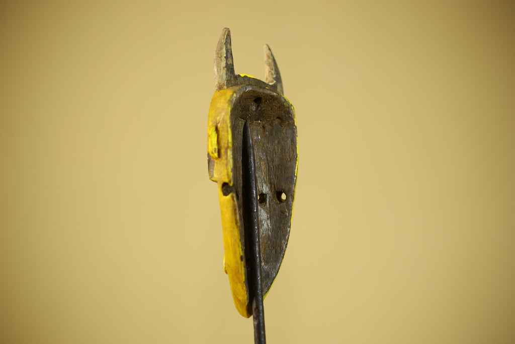 African Yellow Mask Horned Tribal Wood Carving Ritual Wall Decor-G6343
