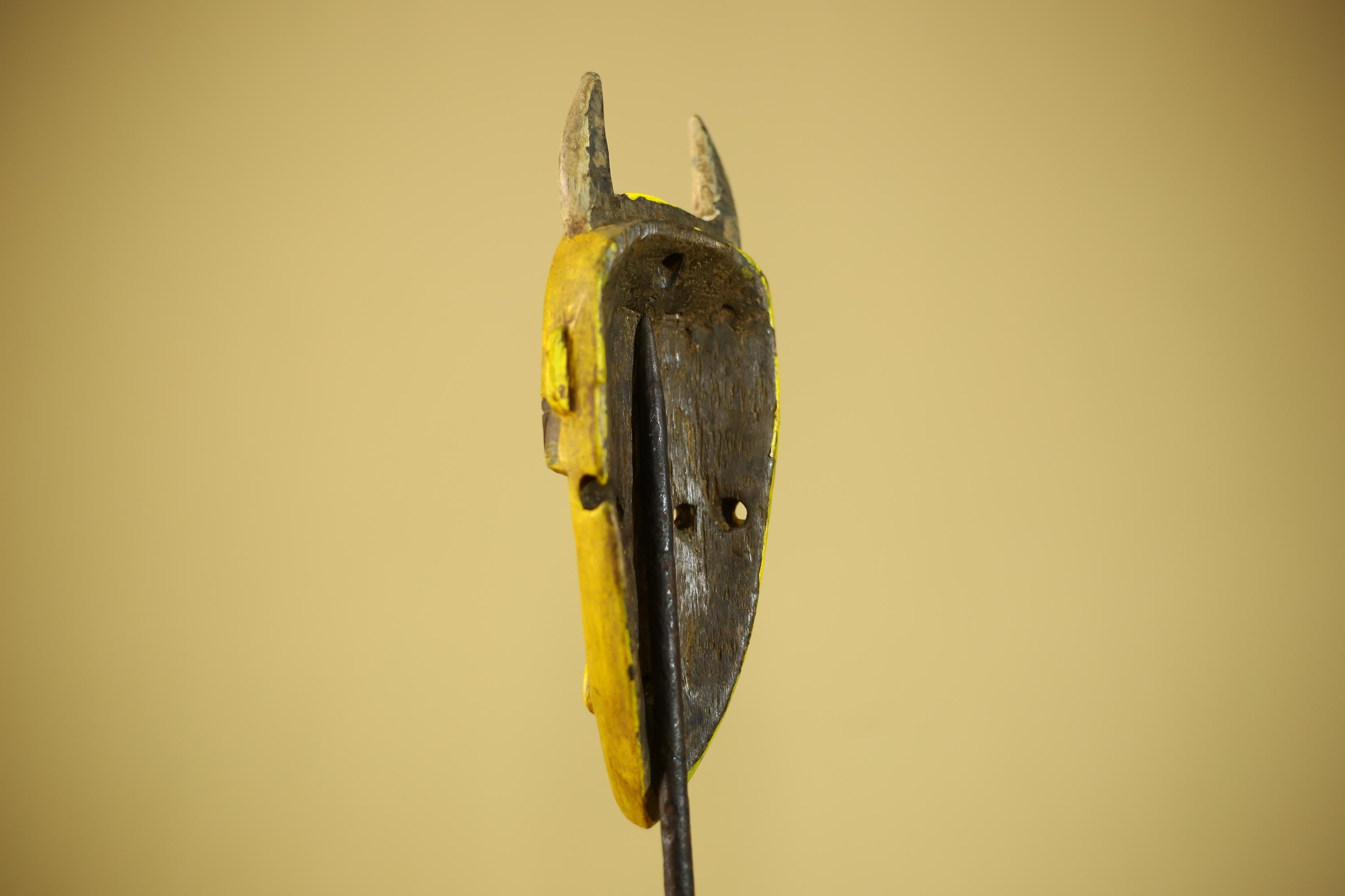 African Yellow Mask Horned Tribal Wood Carving Ritual Wall Decor-G6343