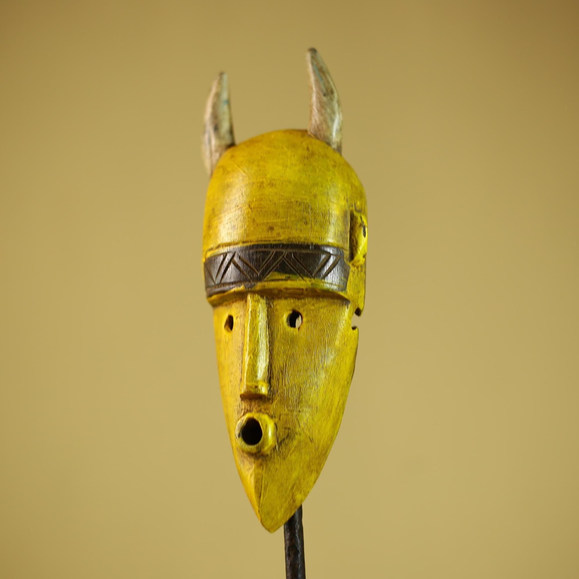 African Yellow Mask Horned Tribal Wood Carving Ritual Wall Decor-G6343