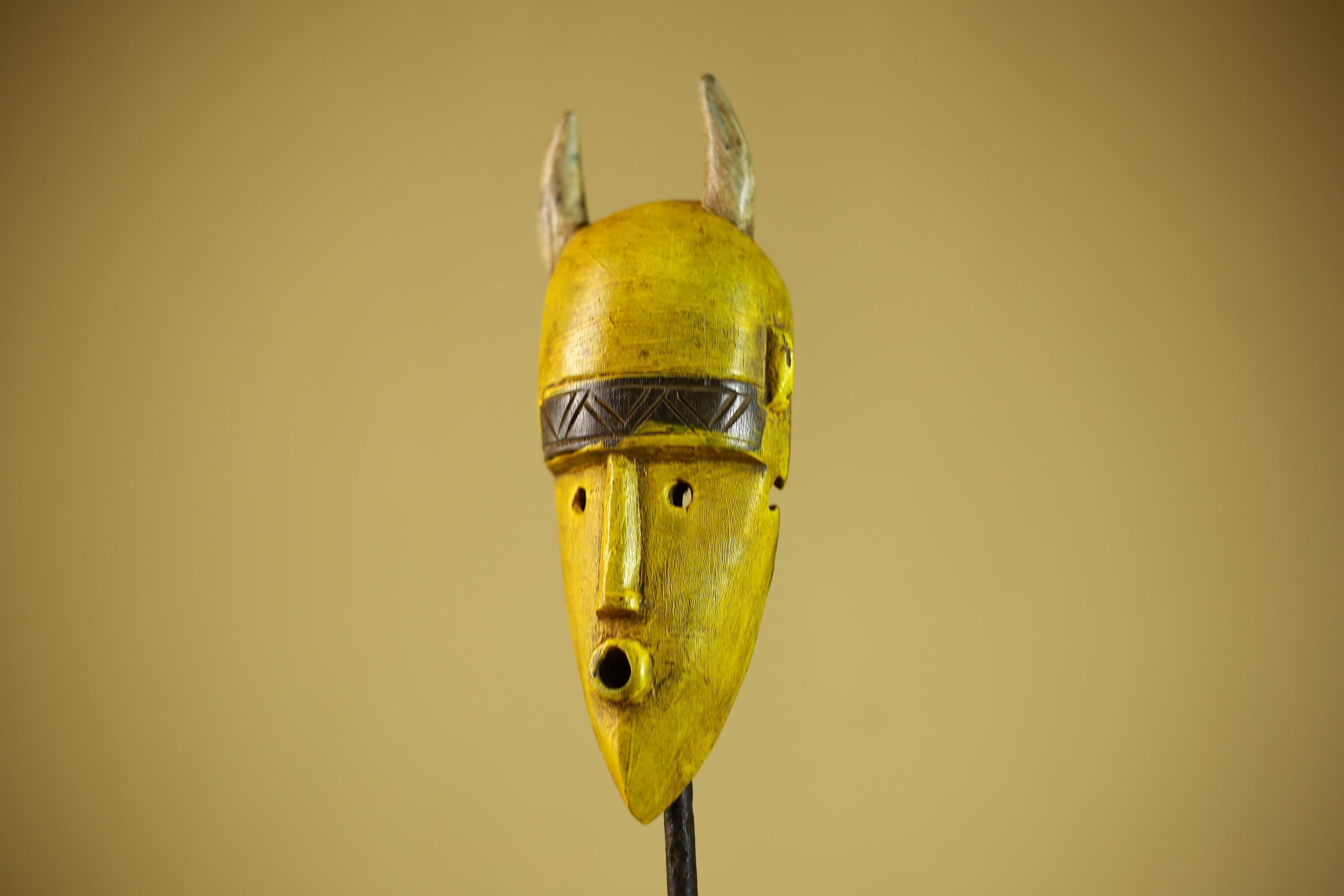 African Yellow Mask Horned Tribal Wood Carving Ritual Wall Decor-G6343