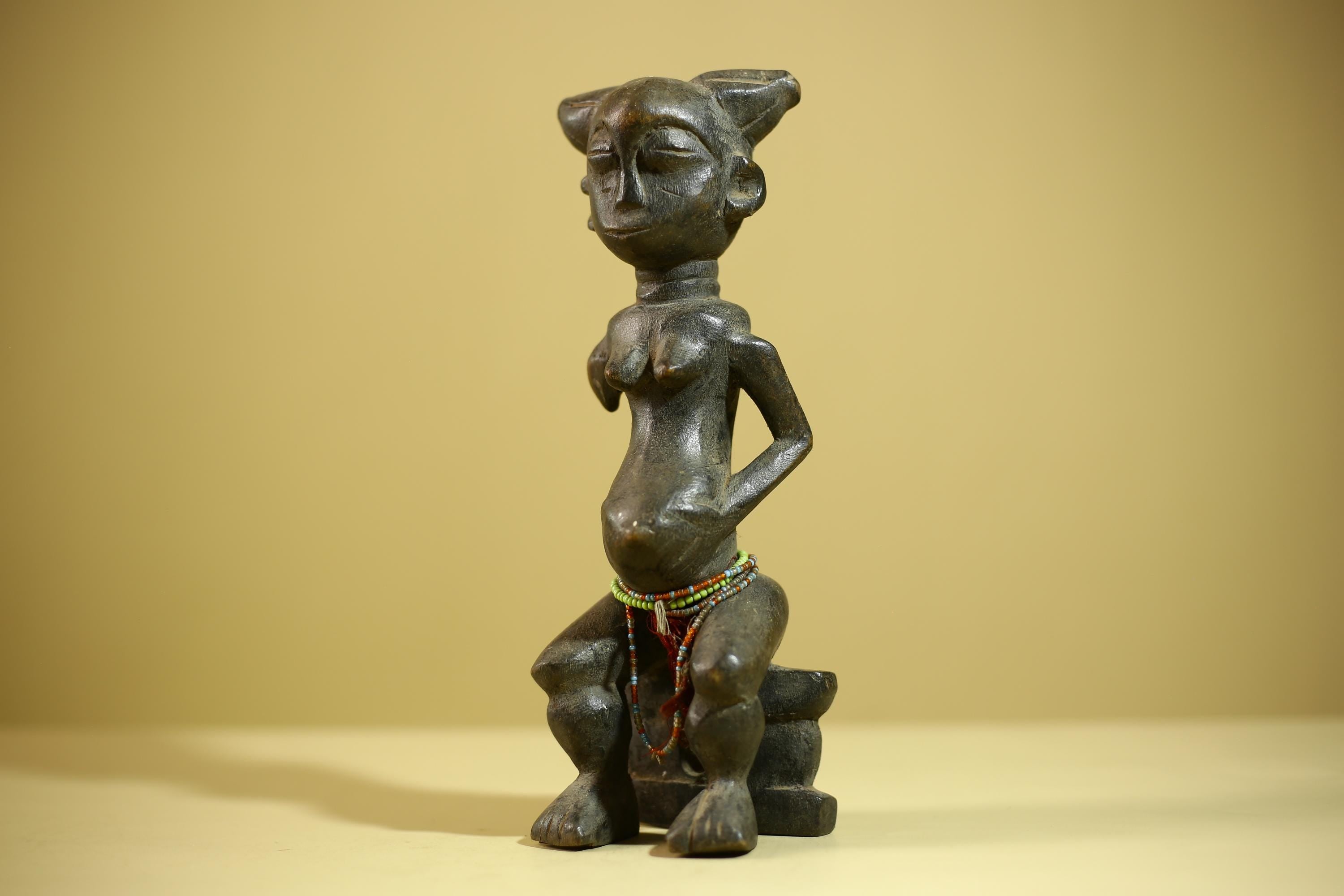 African Female Sculpture Wood Figure Beaded Waist Tribal Art Statue-G6344