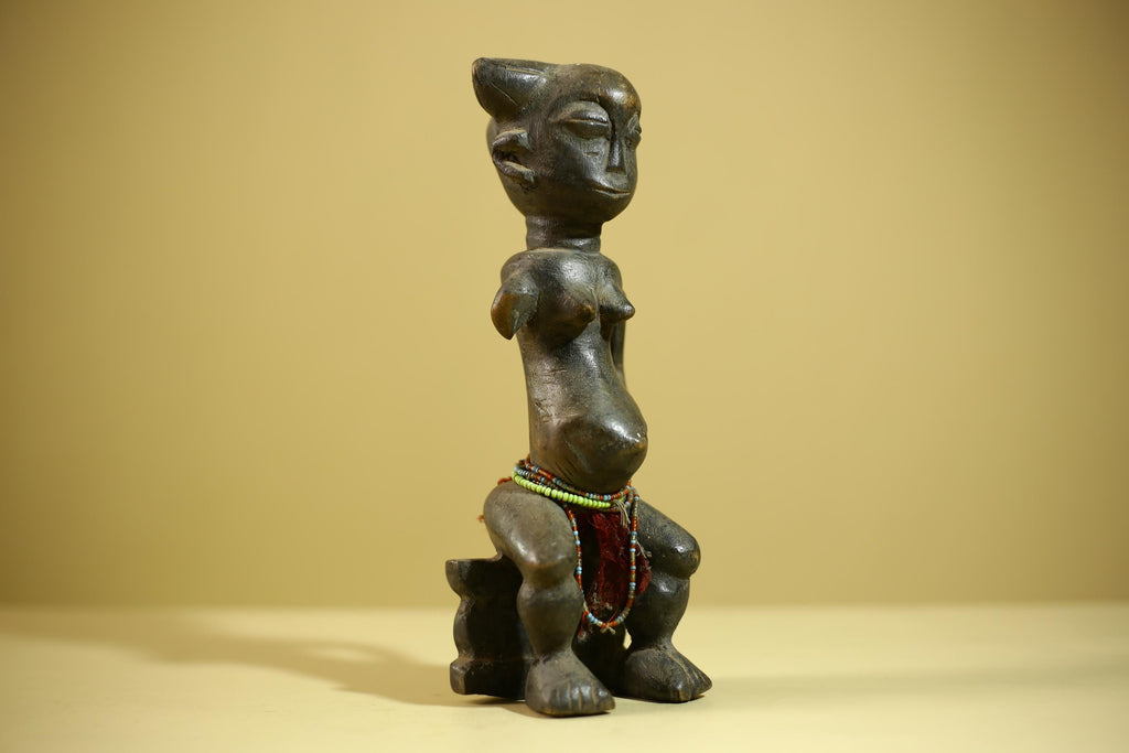 African Female Sculpture Wood Figure Beaded Waist Tribal Art Statue-G6344