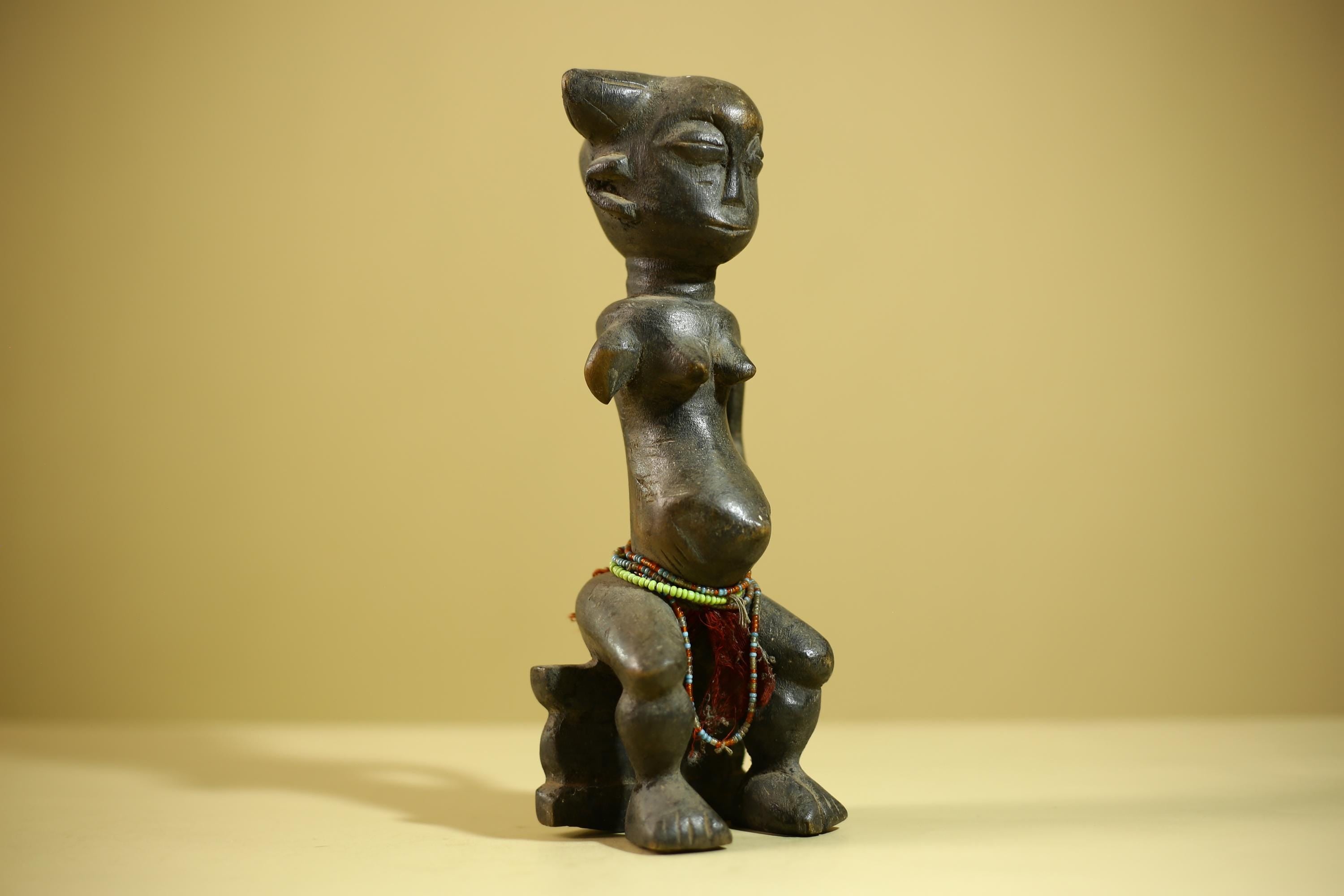 African Female Sculpture Wood Figure Beaded Waist Tribal Art Statue-G6344