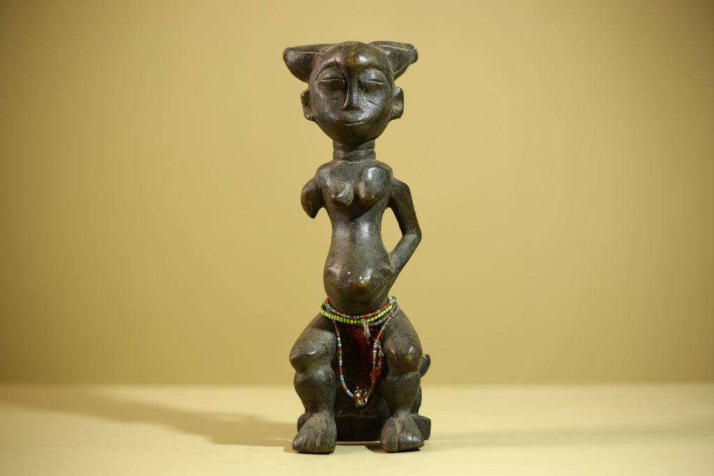 African Female Sculpture Wood Figure Beaded Waist Tribal Art Statue-G6344