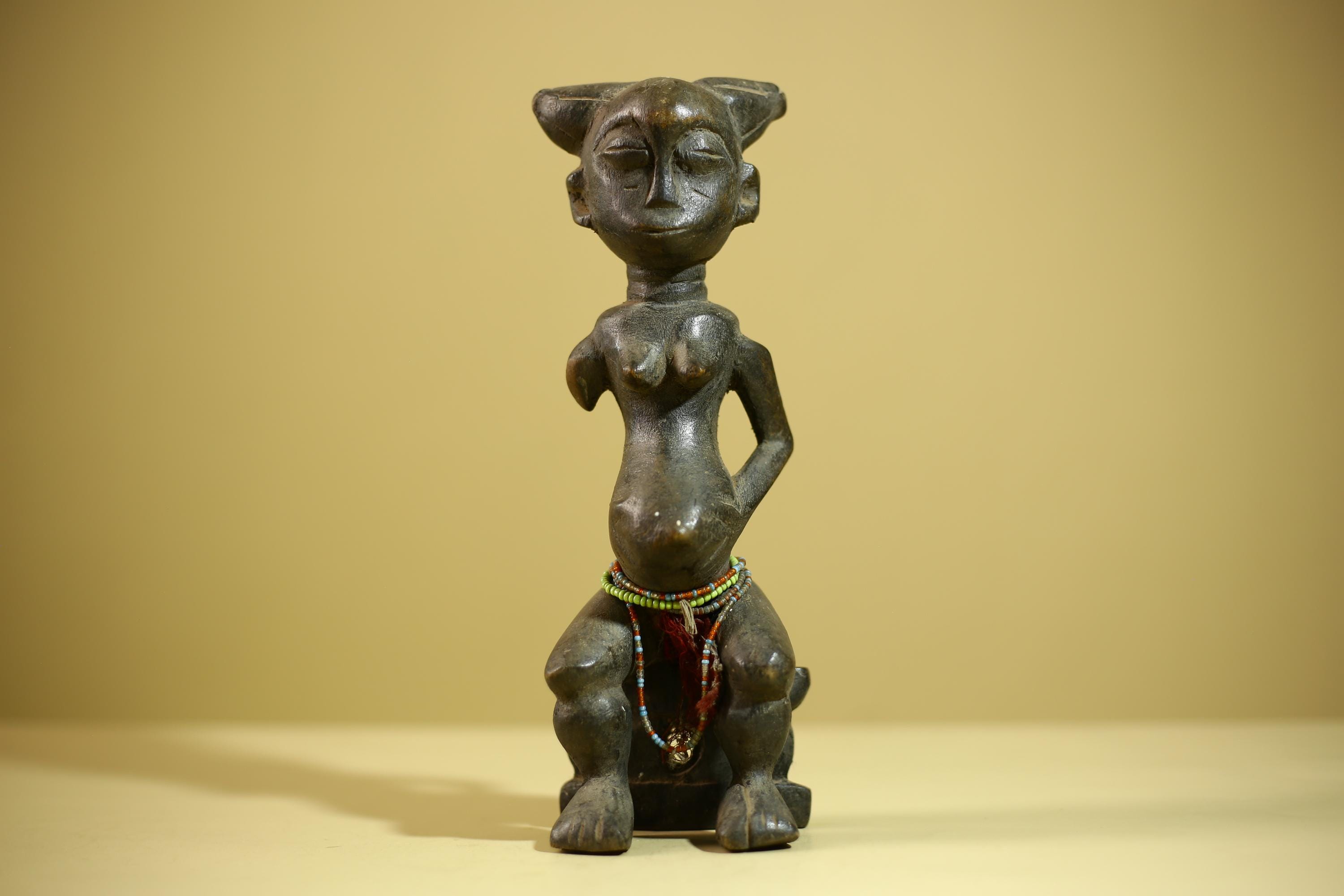 African Female Sculpture Wood Figure Beaded Waist Tribal Art Statue-G6344