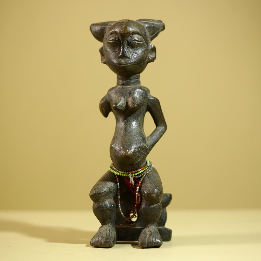 African Female Sculpture Wood Figure Beaded Waist Tribal Art Statue-G6344
