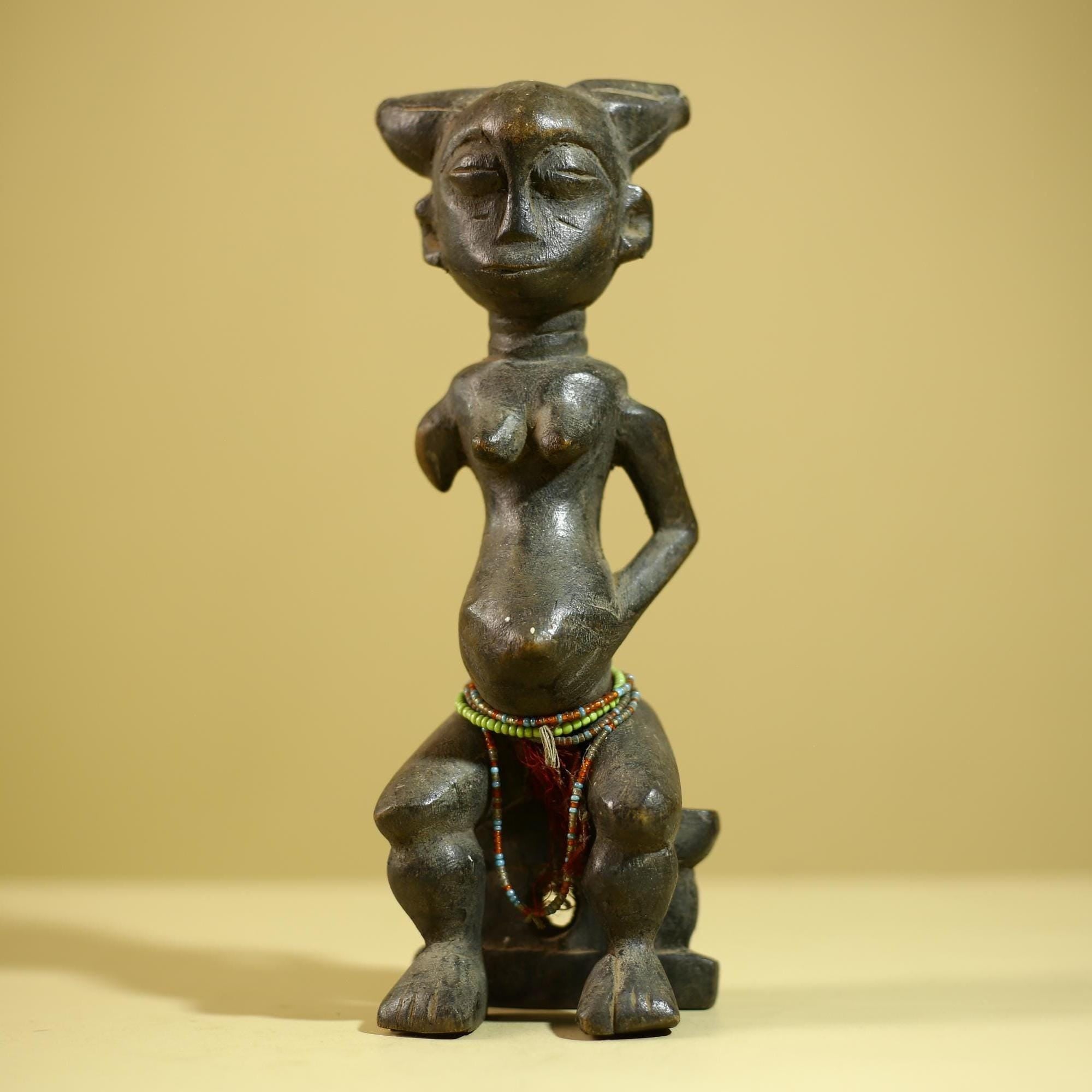 African Female Sculpture Wood Figure Beaded Waist Tribal Art Statue-G6344