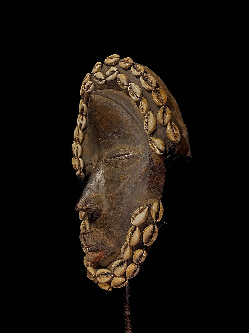 African mask antiques tribal Face vintage Wood Carved Hang mask with shells dan masks-4979
