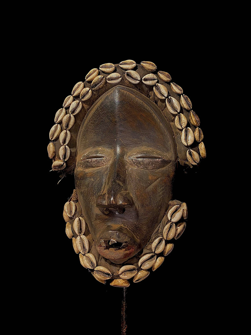 African mask antiques tribal Face vintage Wood Carved Hang mask with shells dan masks-4979