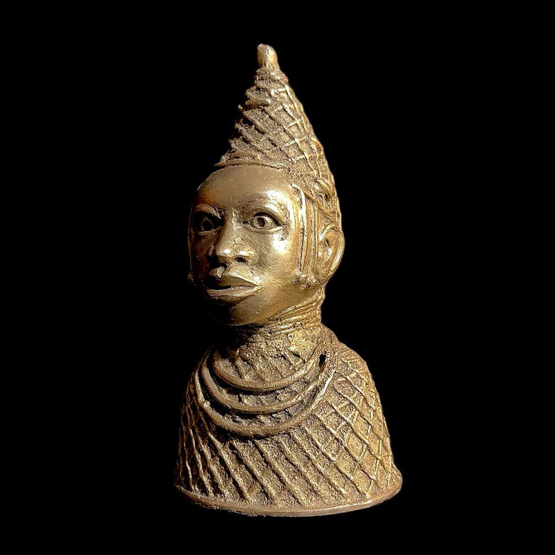 African Benin Bronze African Head of Oba Statue Brass vintage wax technique  -9447